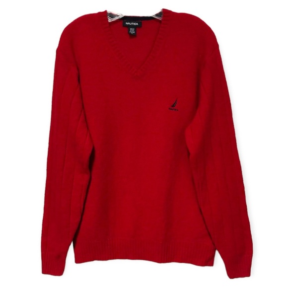 Nautica Classic Wool Blend V-Neck Red Sweater - Picture 1 of 5